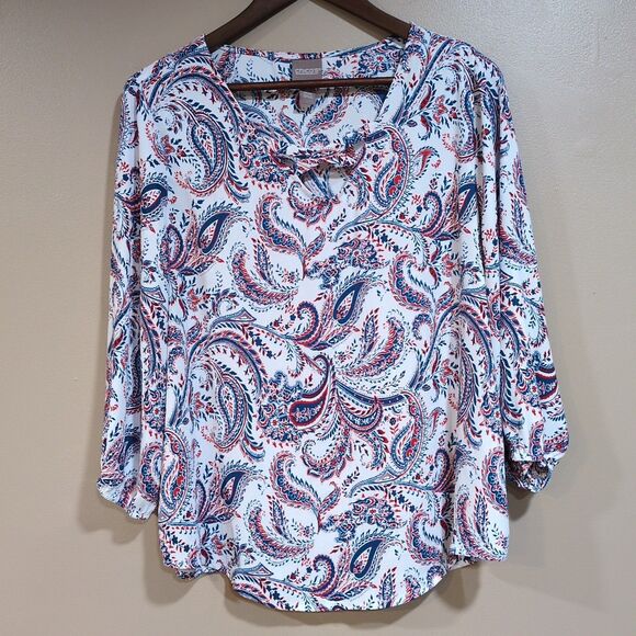 Chico's Size 2 (Large) Paisley Blouse Top Red White Blue Casual Festive Holiday - Picture 1 of 10